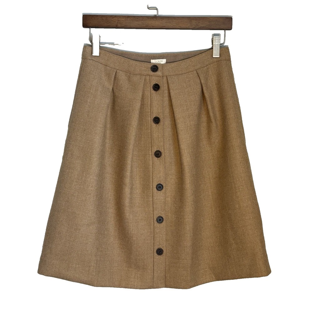 J Crew Skirt Womens 4 Wool Camel A-Line Button Front Pleated Preppy Classic NWOT